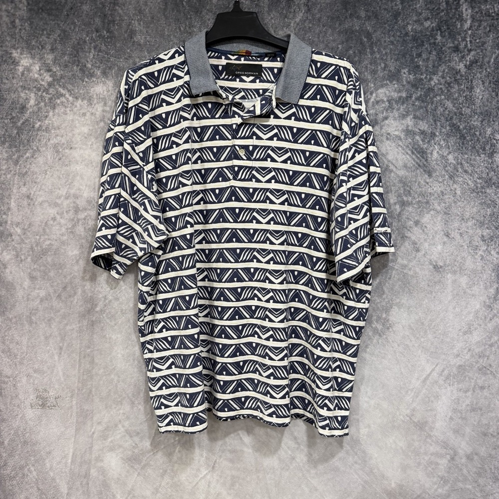 Greg Norman Men’s Large Golf Polo Shirt Navy Geometric Aztec Short Sleeve